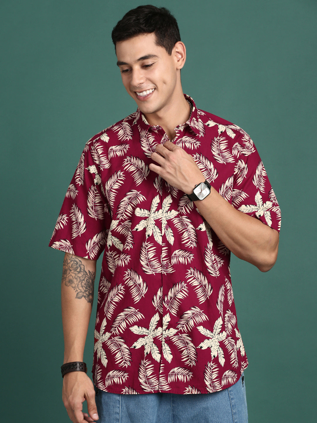 Men Floral Maroon Slim Fit Shirt