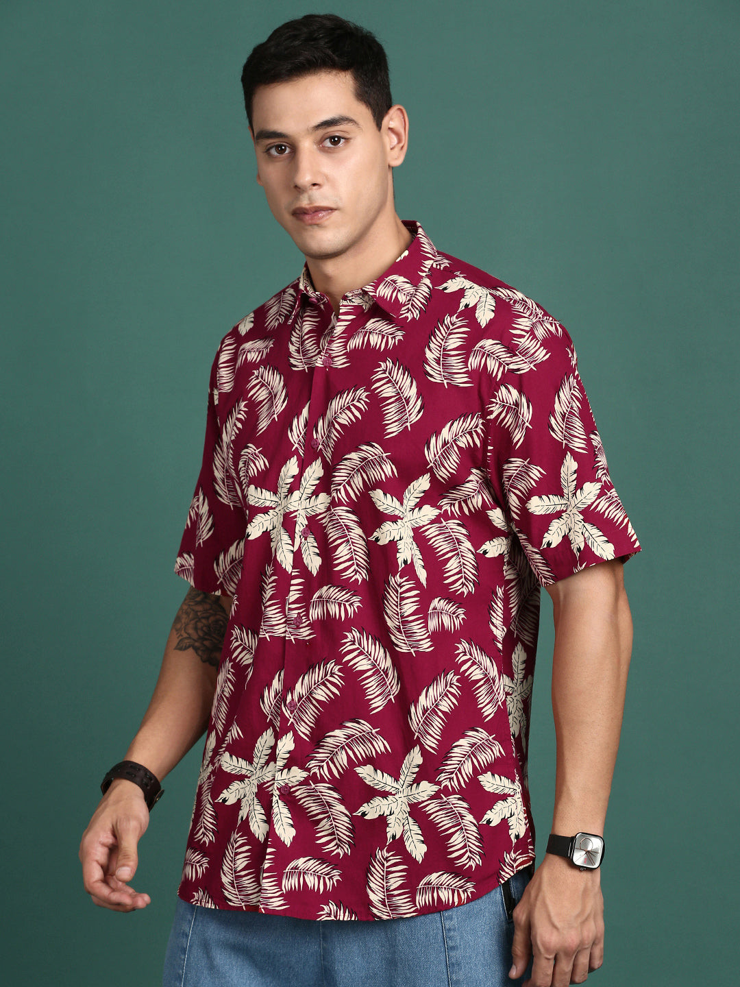 Men Floral Maroon Slim Fit Shirt