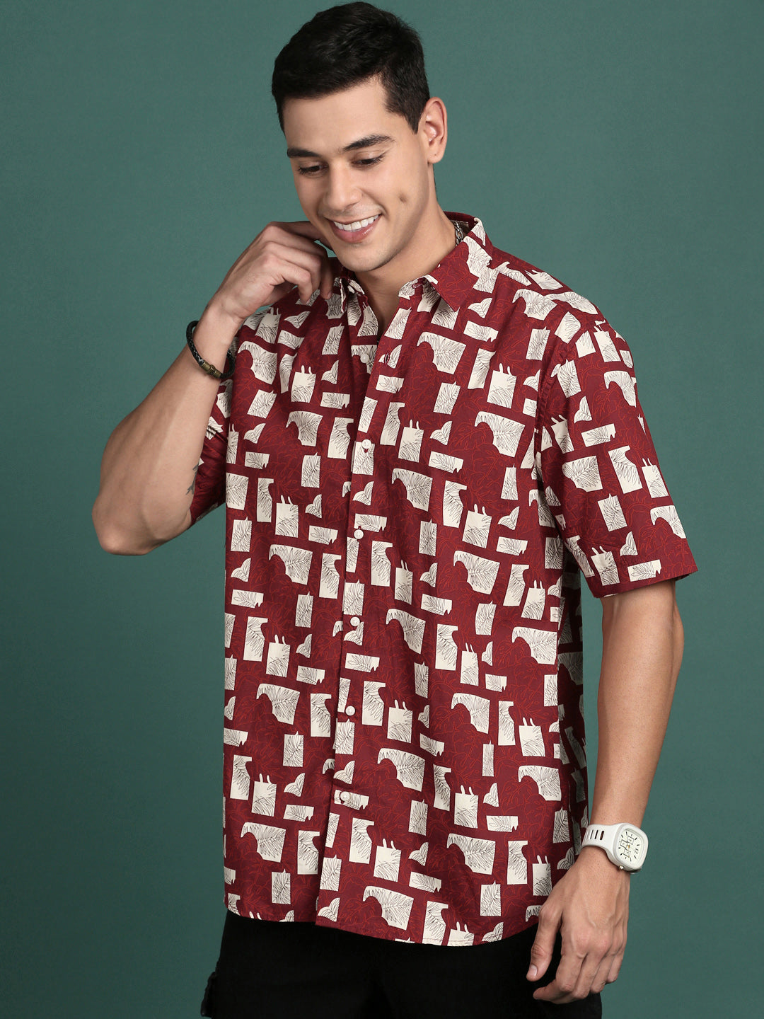 Men Floral Maroon Slim Fit Shirt