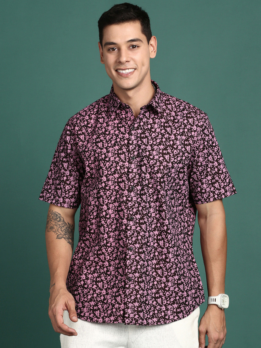 Men Floral Pink Slim Fit Shirt