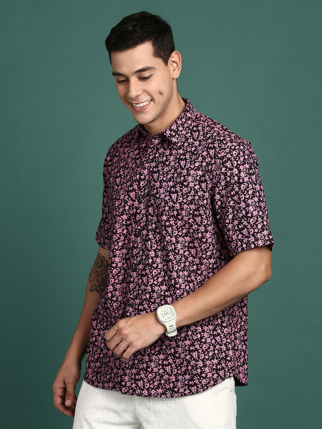 Men Floral Pink Slim Fit Shirt