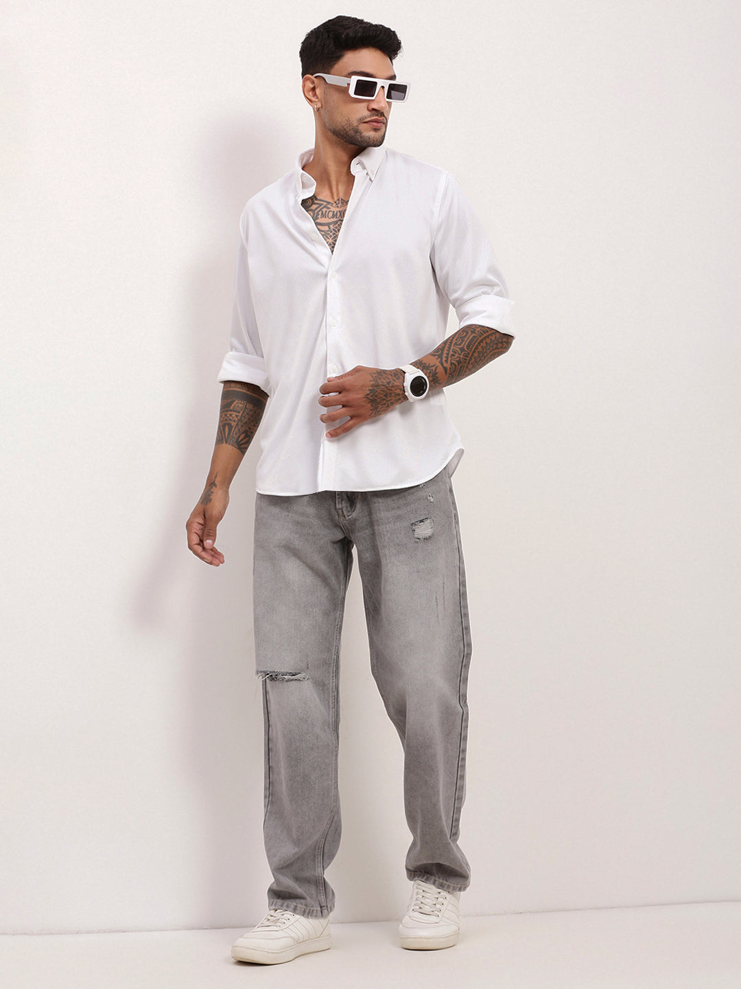 Men White Solid Slim Fit Shirt