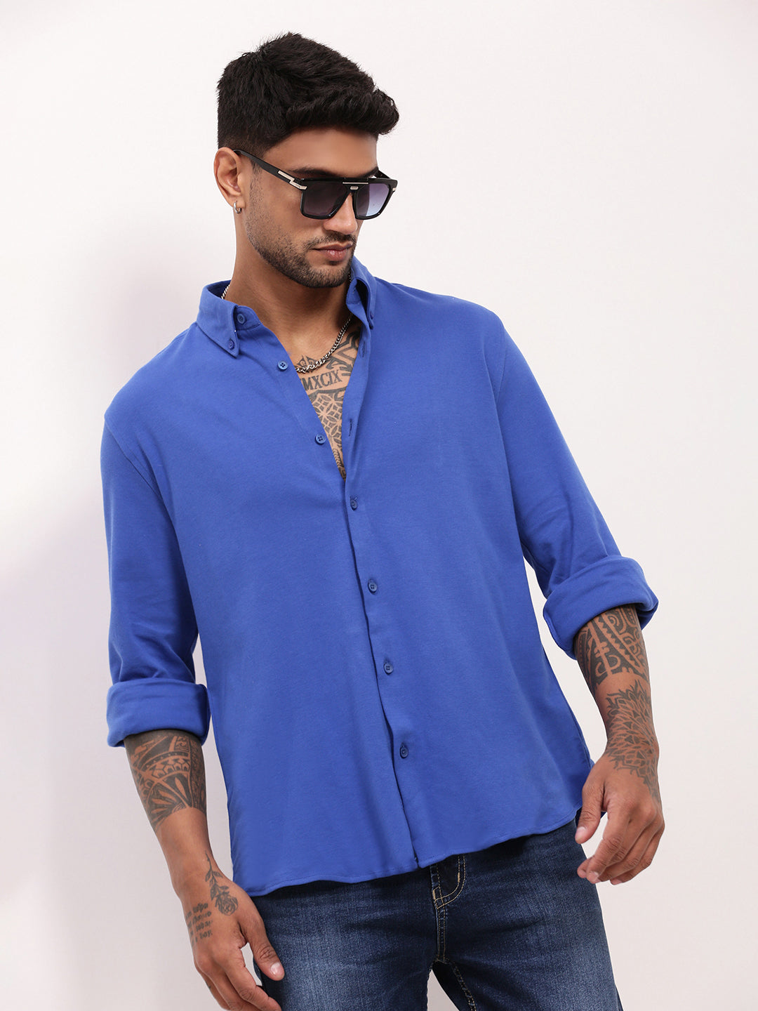 Men Blue Solid Slim Fit Shirt