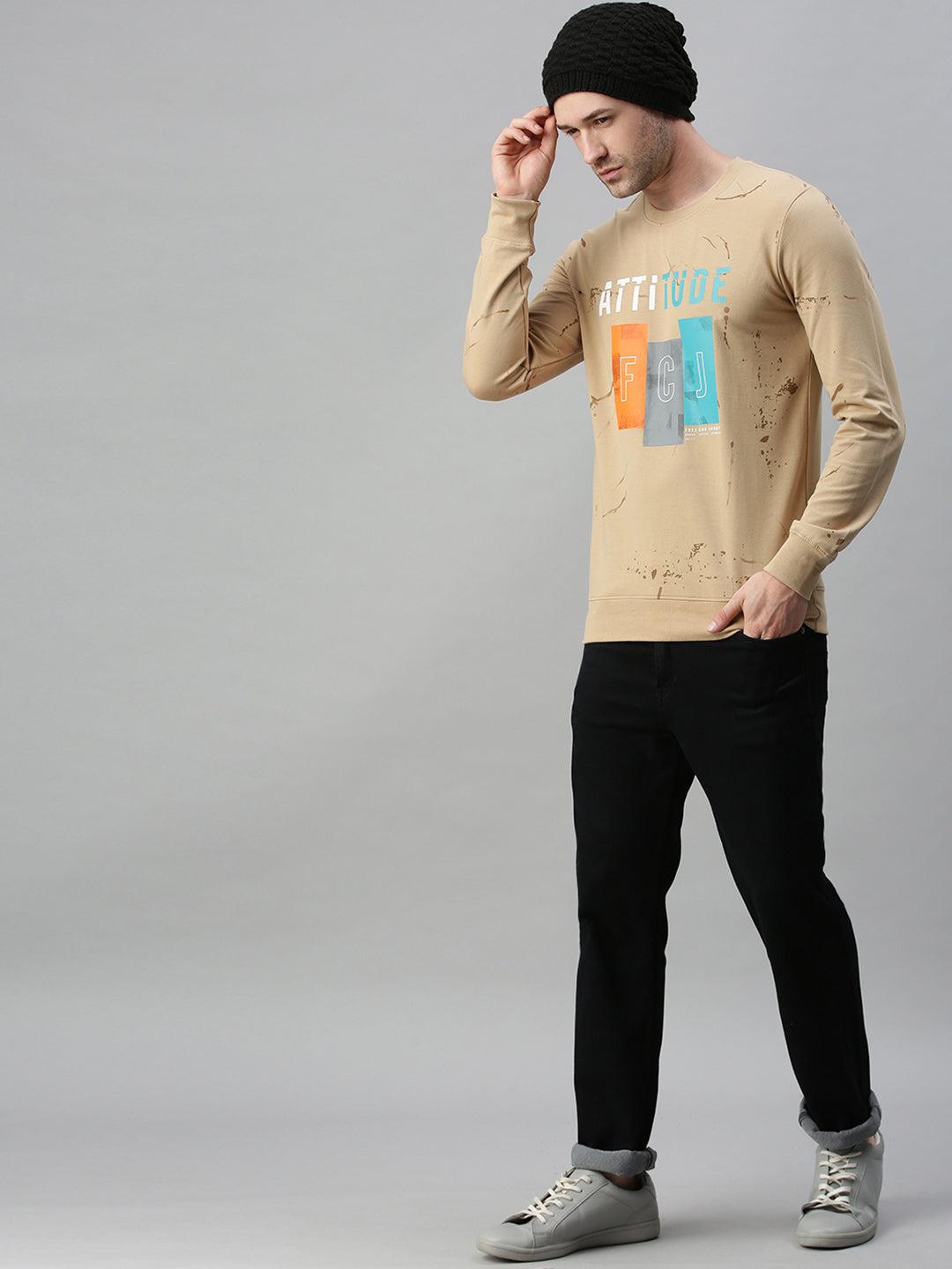 Men Solid Beige Sweatshirt