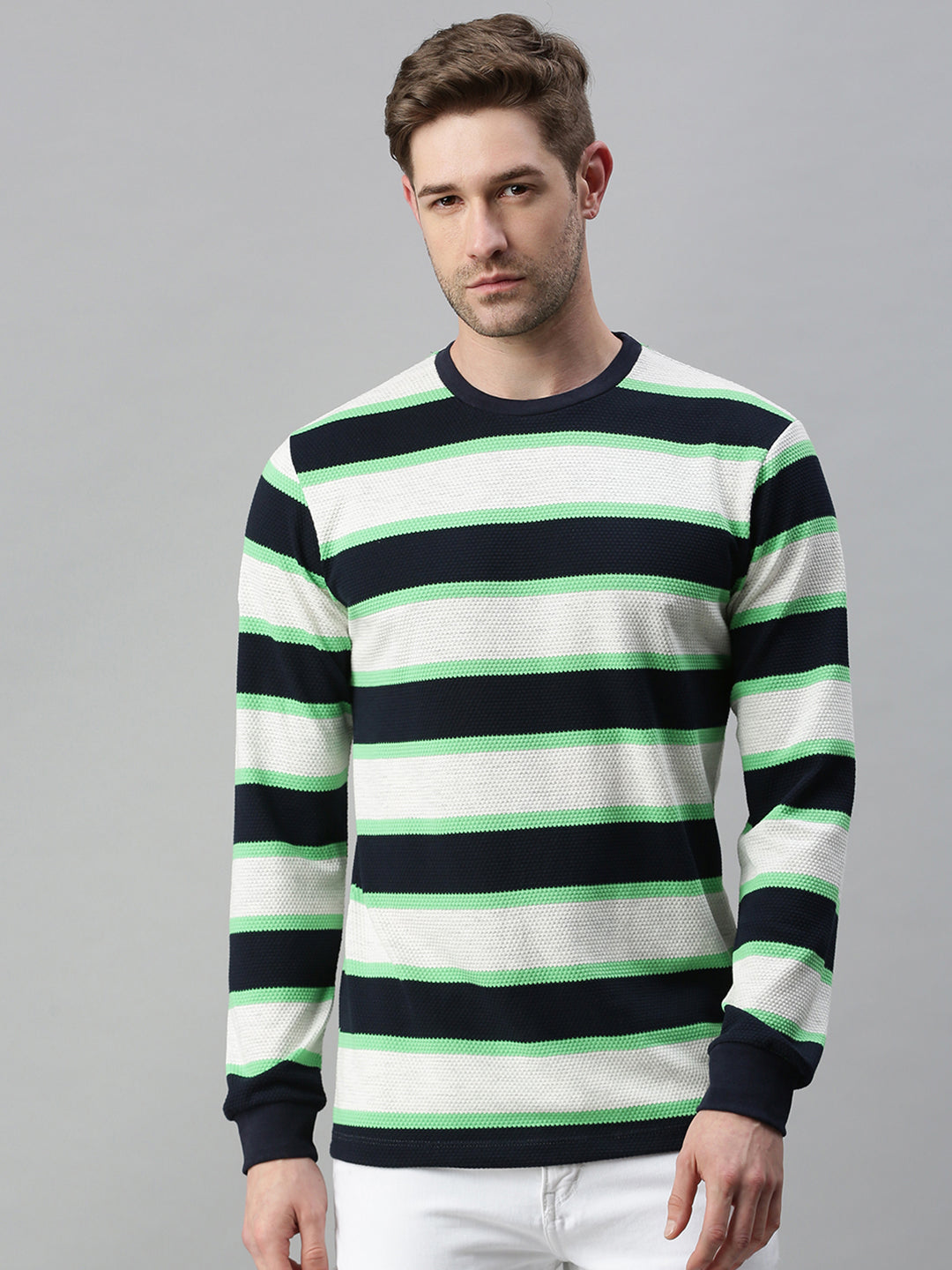 Men Striped White Sweatshirt