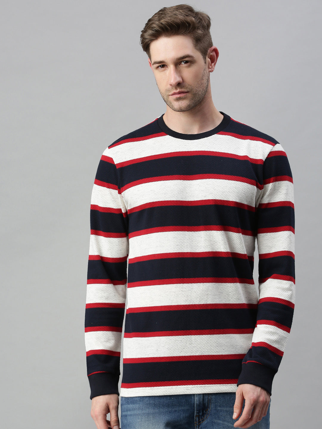 Men Striped White Sweatshirt