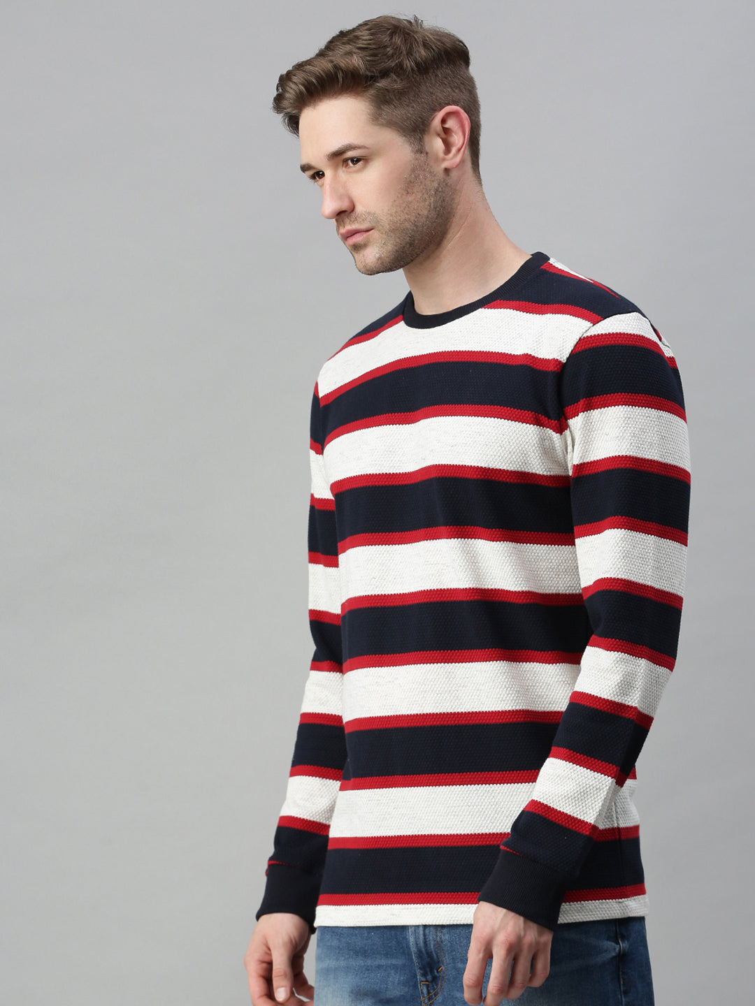 Men Striped White Sweatshirt