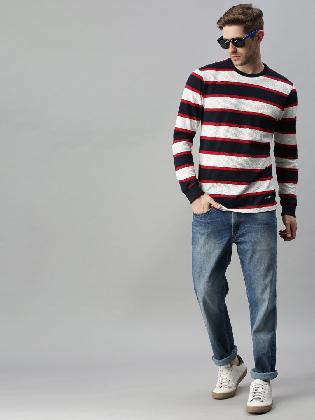 Men Striped White Sweatshirt