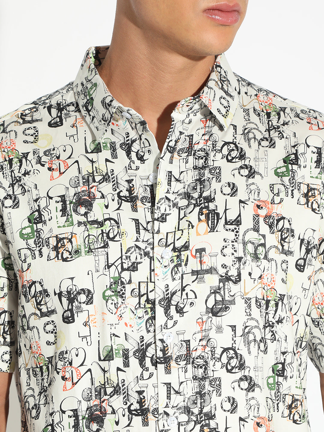 Men's Abstract White Button Down Short Sleeve Shirt