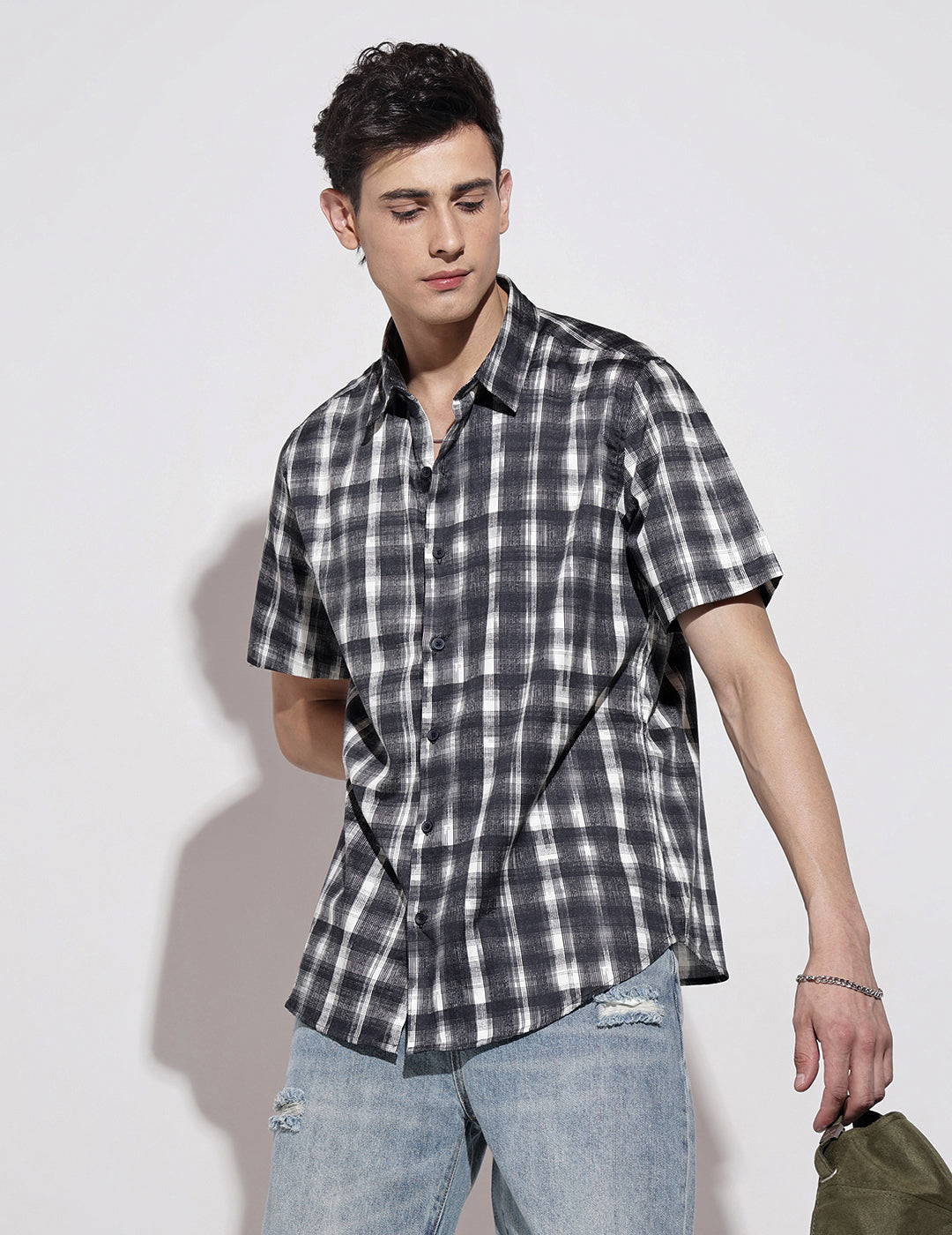 Men's Checked Black Half Sleeve Regular Fit Shirt