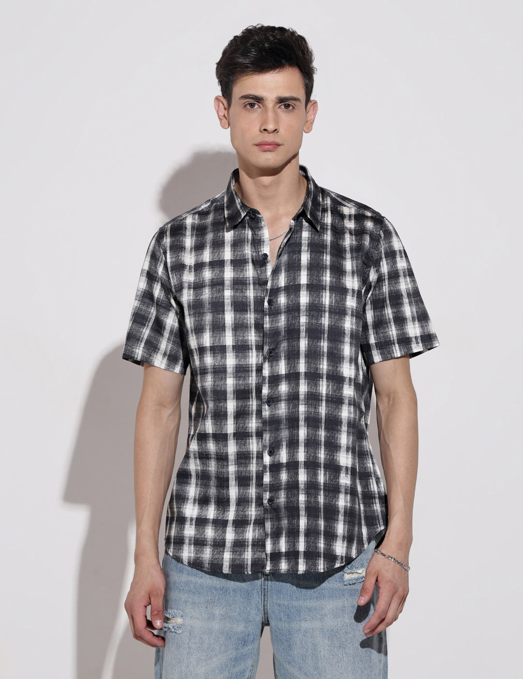 Men's Checked Black Half Sleeve Regular Fit Shirt