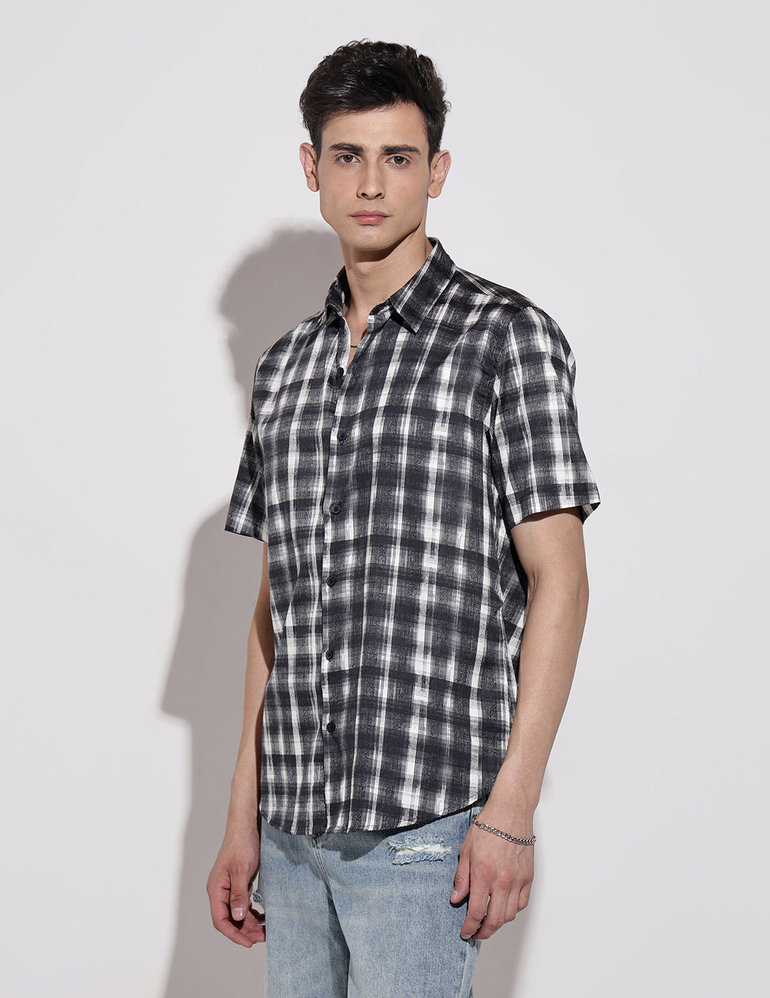 Men's Checked Black Half Sleeve Regular Fit Shirt