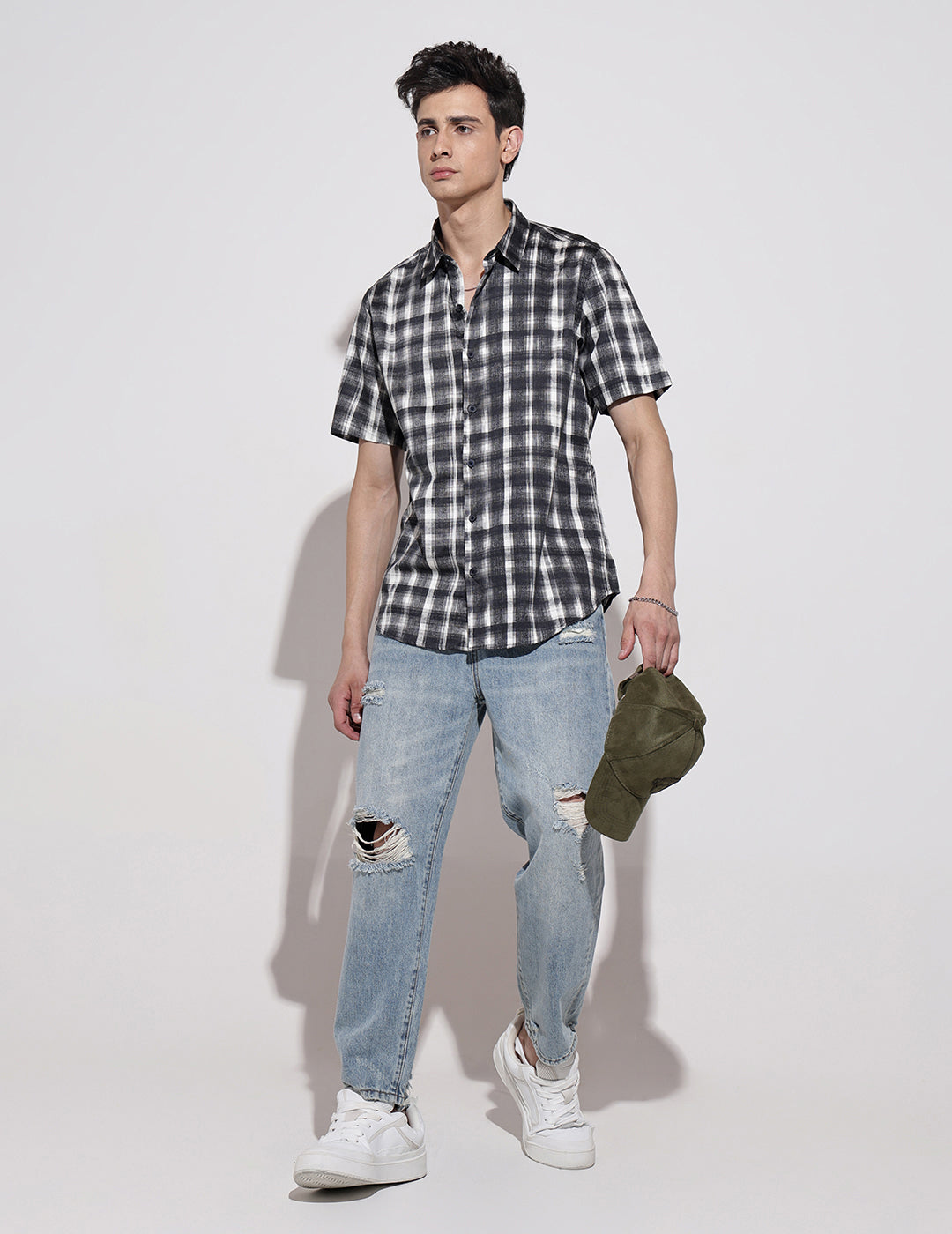 Men's Checked Black Half Sleeve Regular Fit Shirt