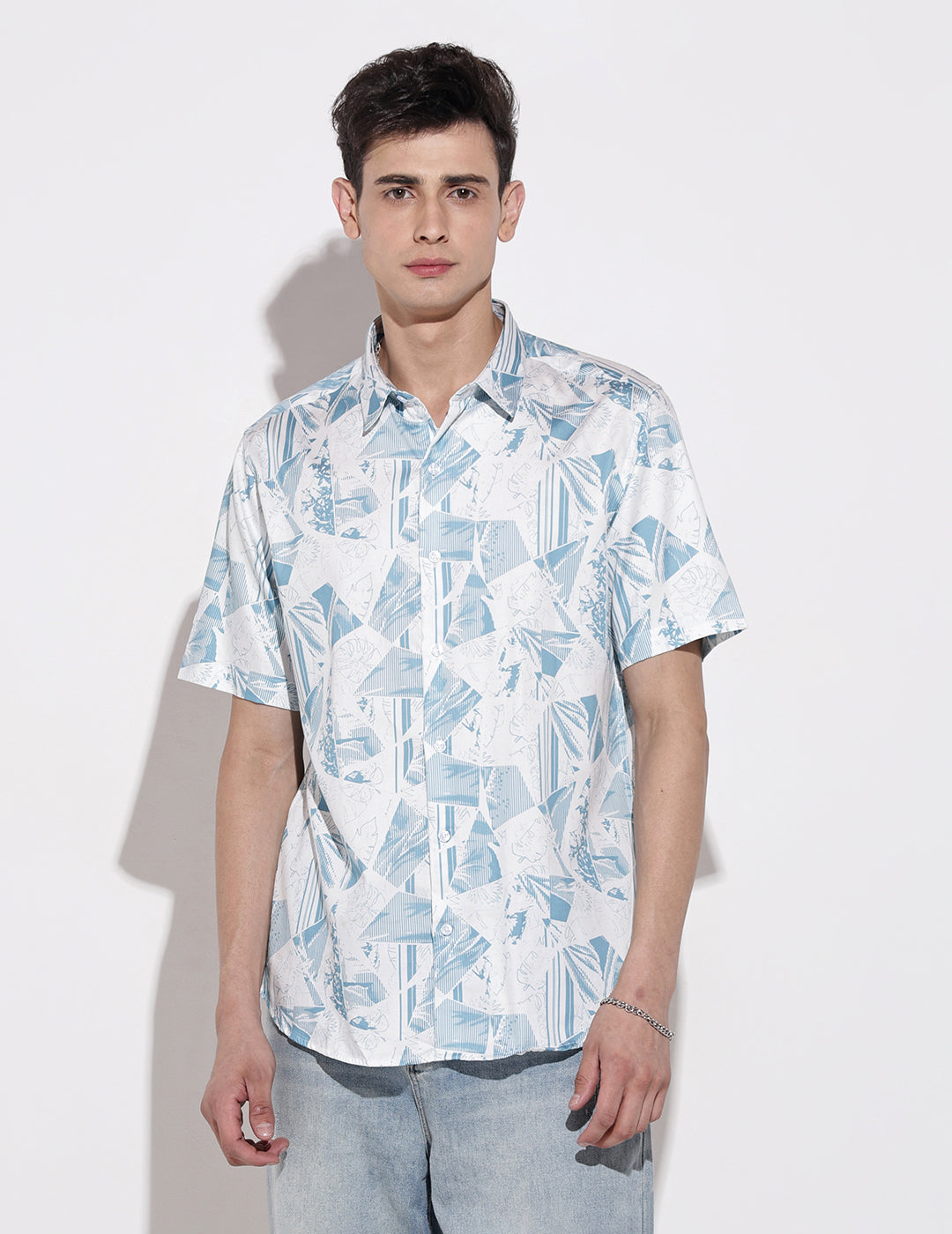 Men's Abstract Print White Half Sleeve Regular Fit Shirt