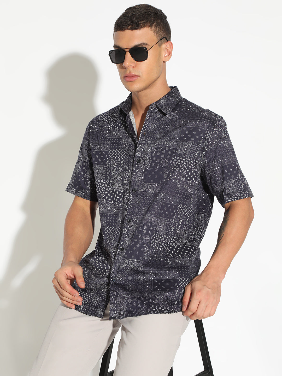 Men's Abstract Navy Blue Button Down Short Sleeve Shirt
