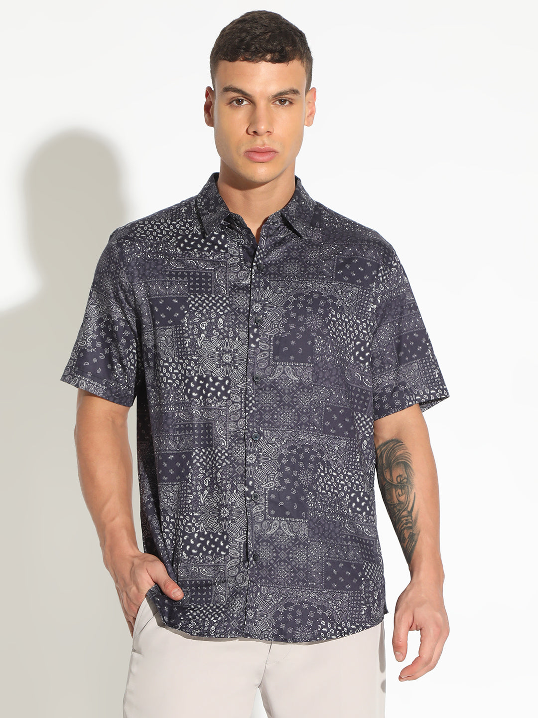 Men's Abstract Navy Blue Button Down Short Sleeve Shirt