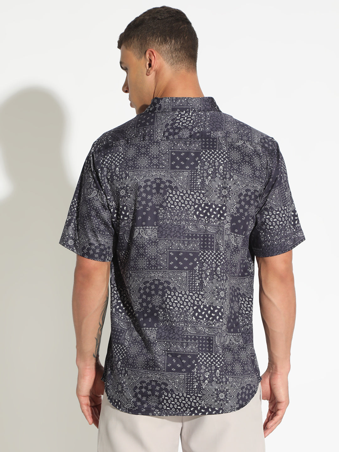 Men's Abstract Navy Blue Button Down Short Sleeve Shirt