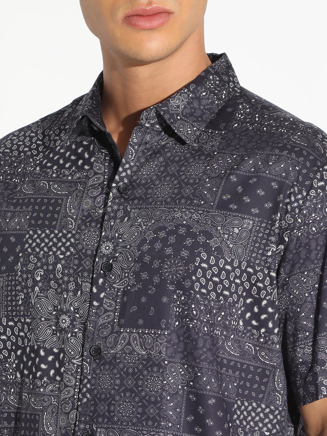 Men's Abstract Navy Blue Button Down Short Sleeve Shirt