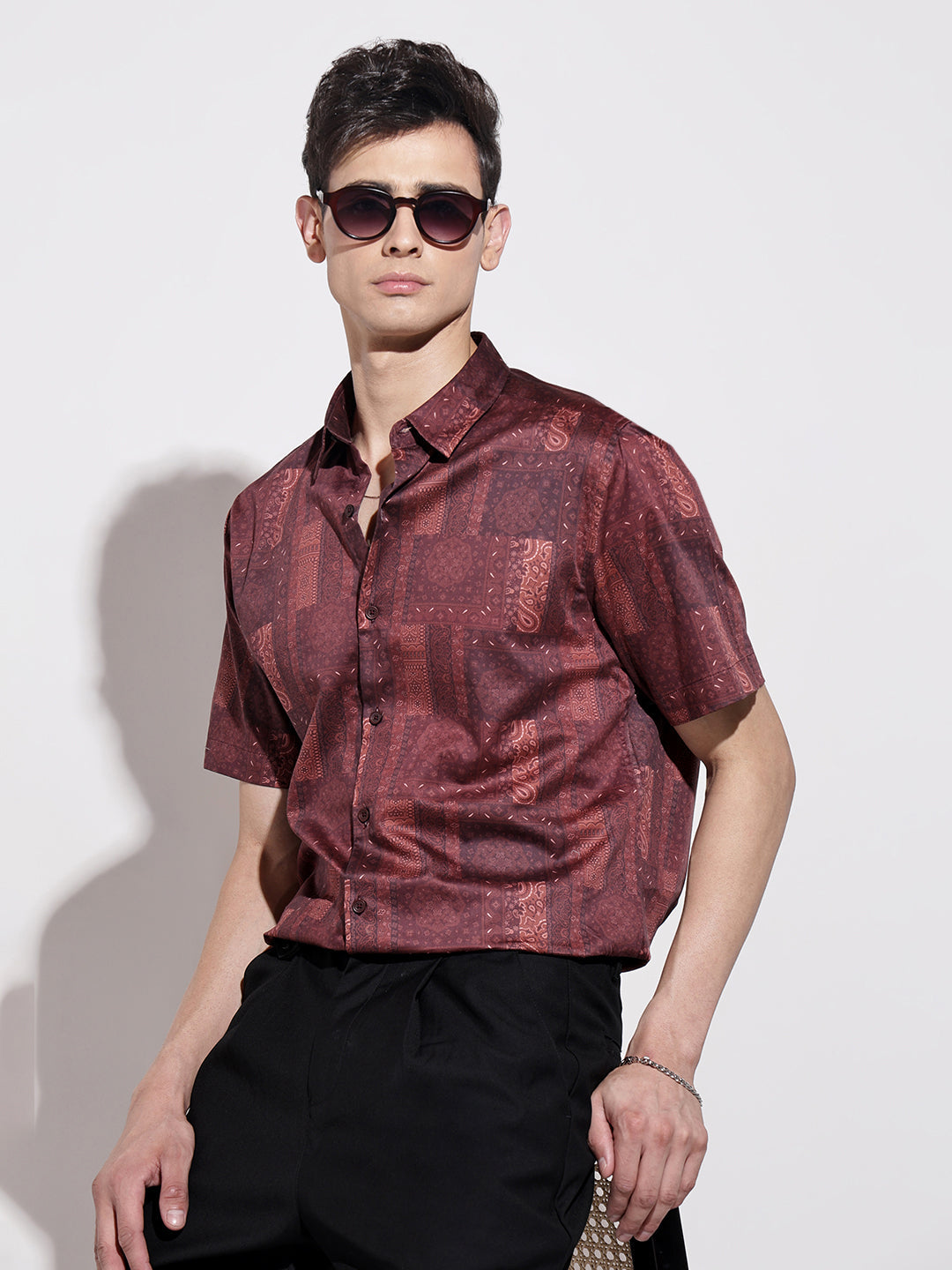 Men's Abstract Print Maroon Half Sleeve Regular Fit Shirt