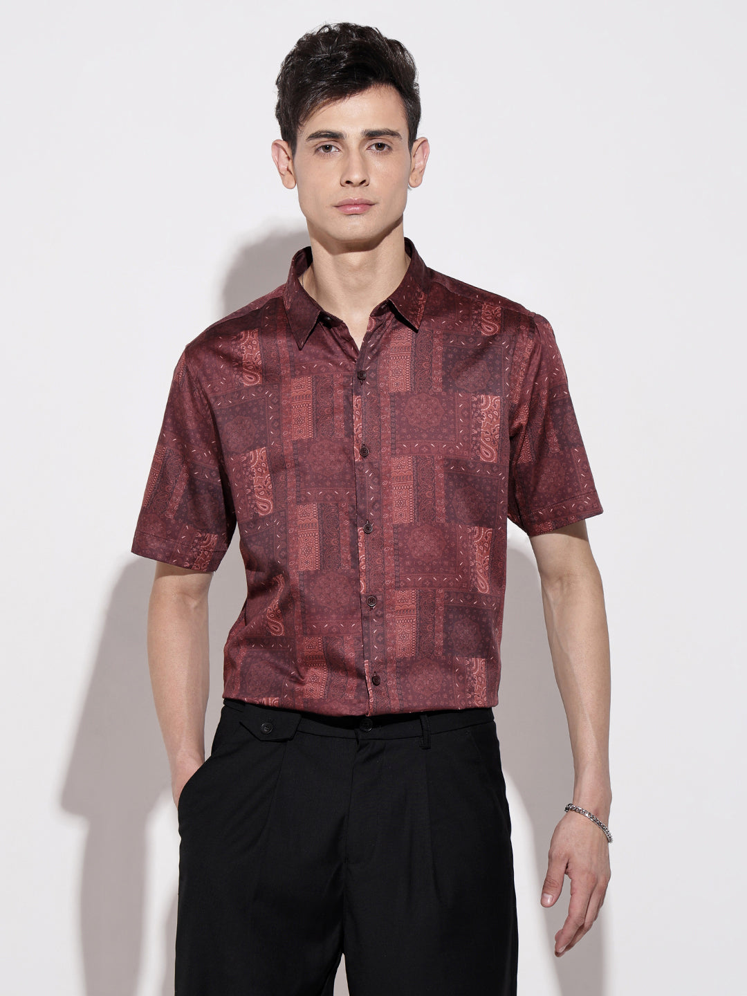 Men's Abstract Print Maroon Half Sleeve Regular Fit Shirt