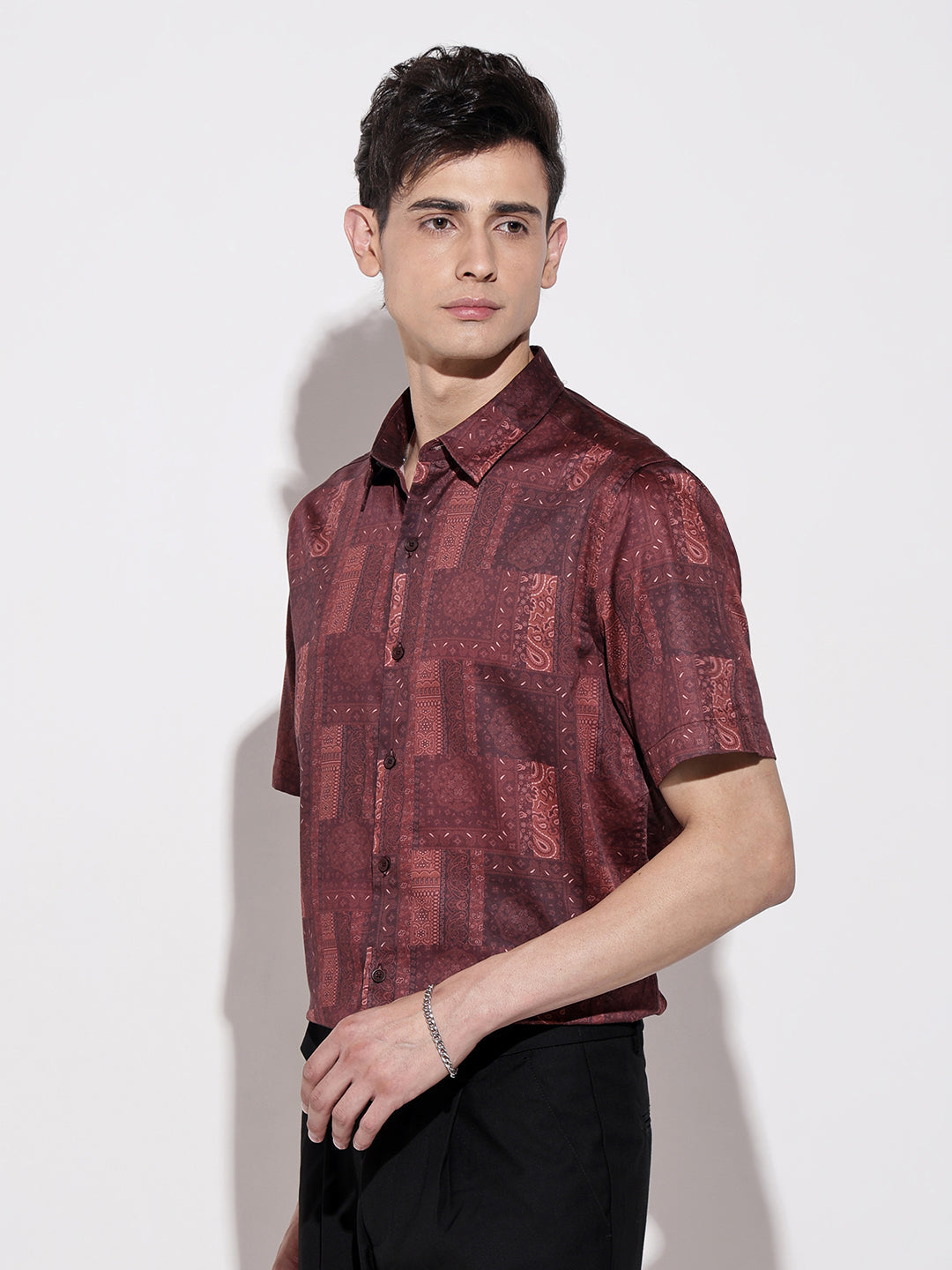Men's Abstract Print Maroon Half Sleeve Regular Fit Shirt