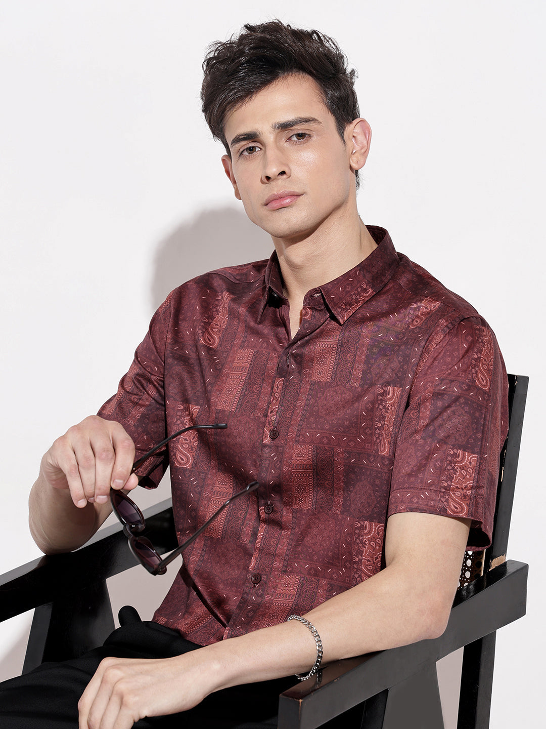 Men's Abstract Print Maroon Half Sleeve Regular Fit Shirt