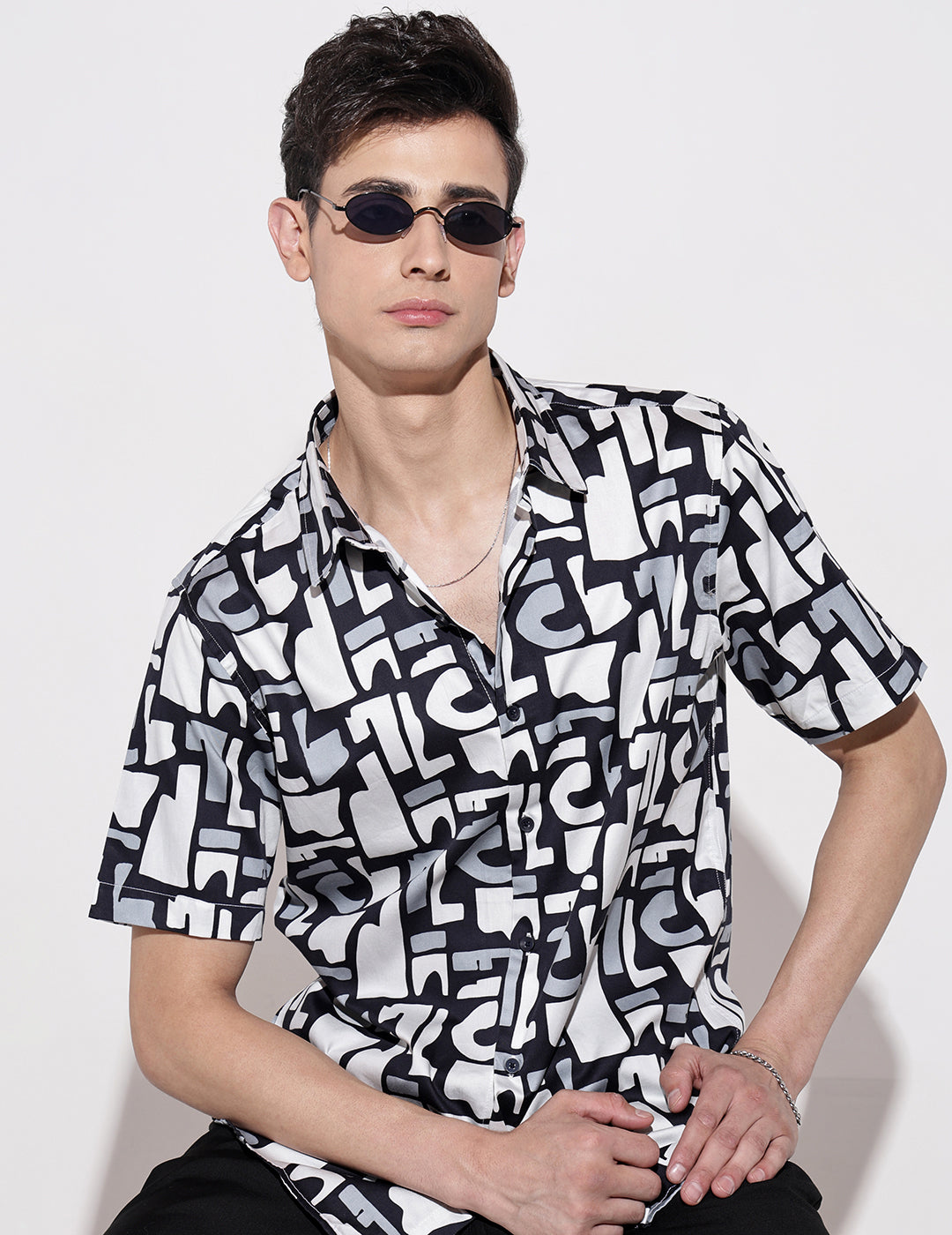 Men's Abstract Print Navy Blue Half Sleeve Regular Fit Shirt