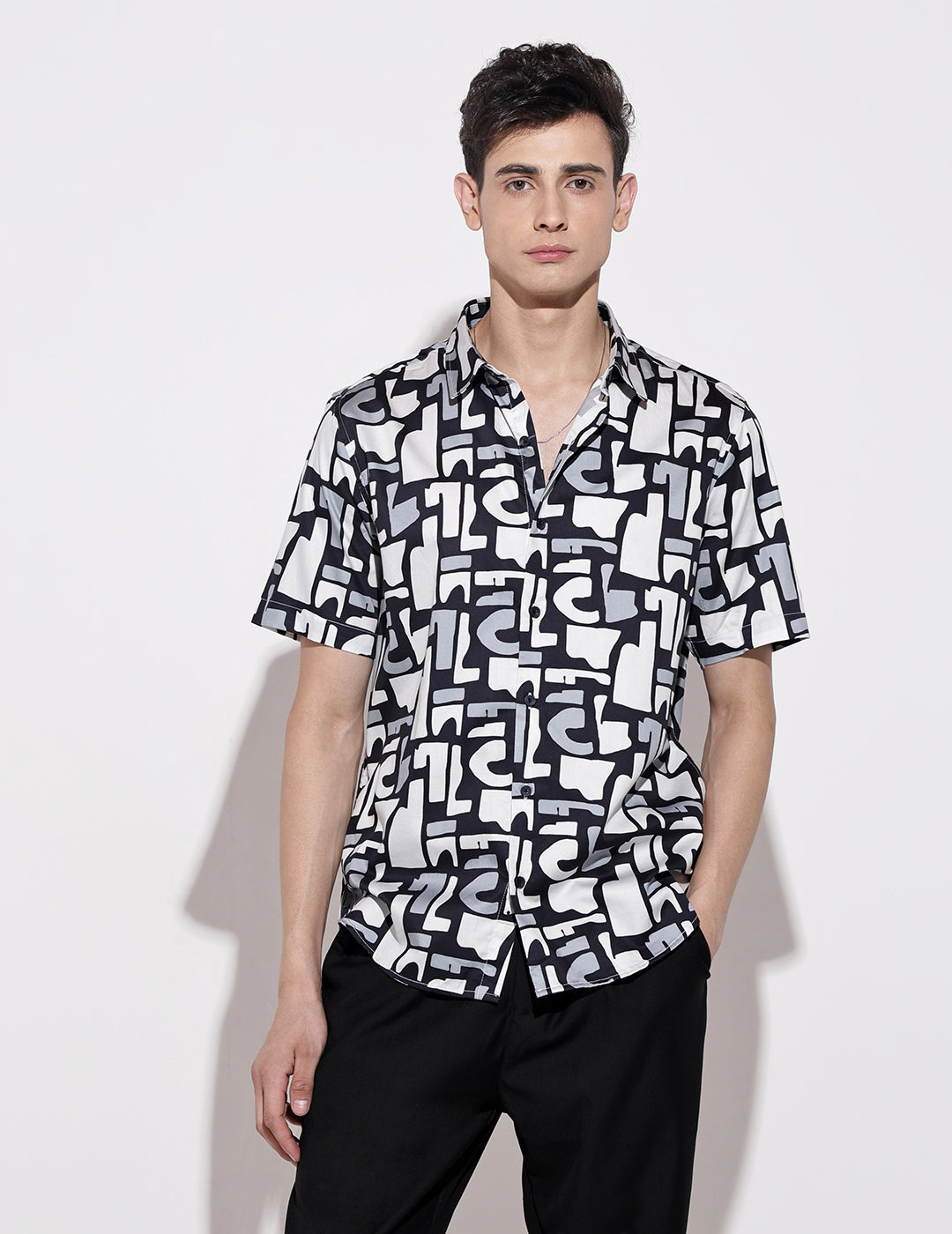 Men's Abstract Print Navy Blue Half Sleeve Regular Fit Shirt