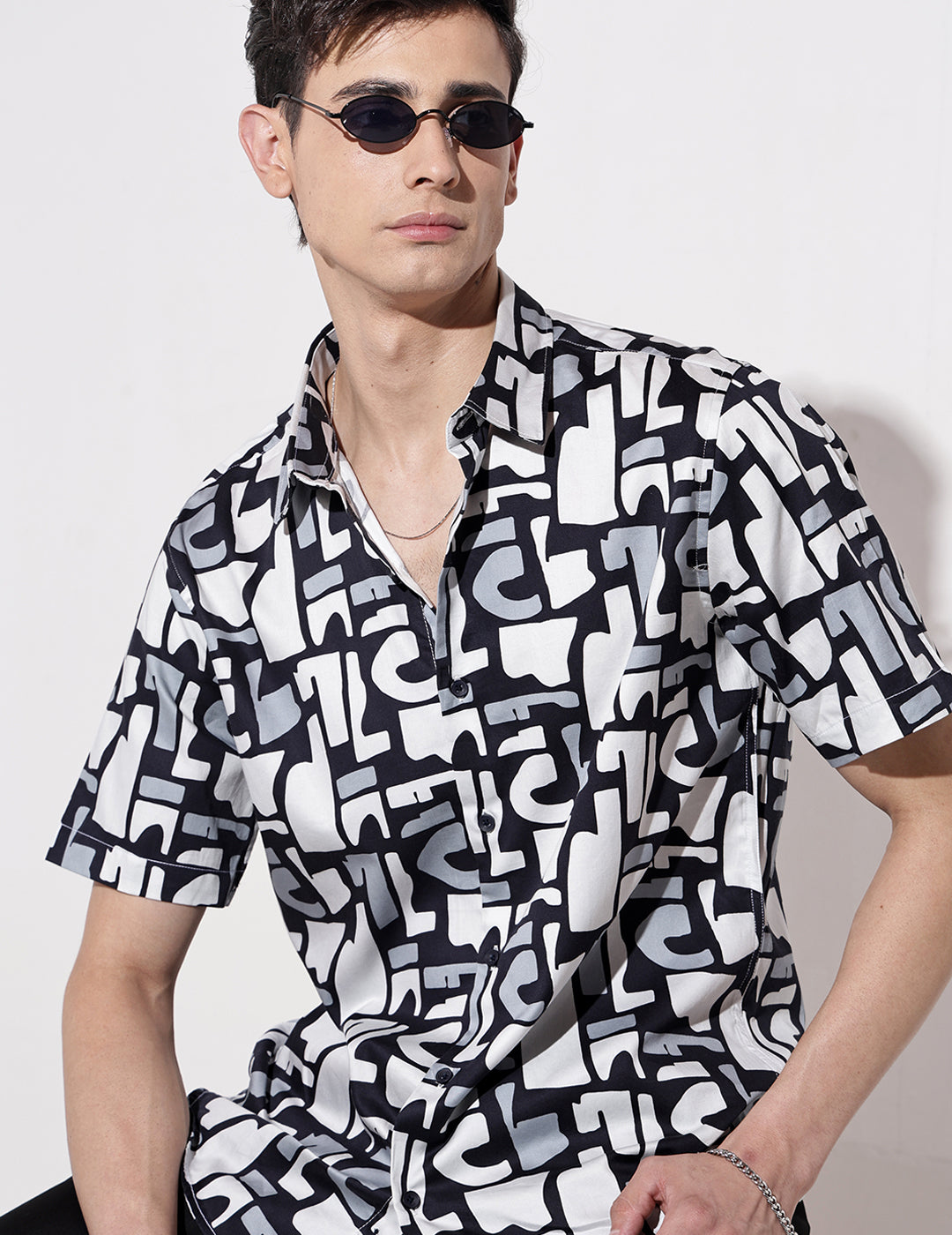 Men's Abstract Print Navy Blue Half Sleeve Regular Fit Shirt