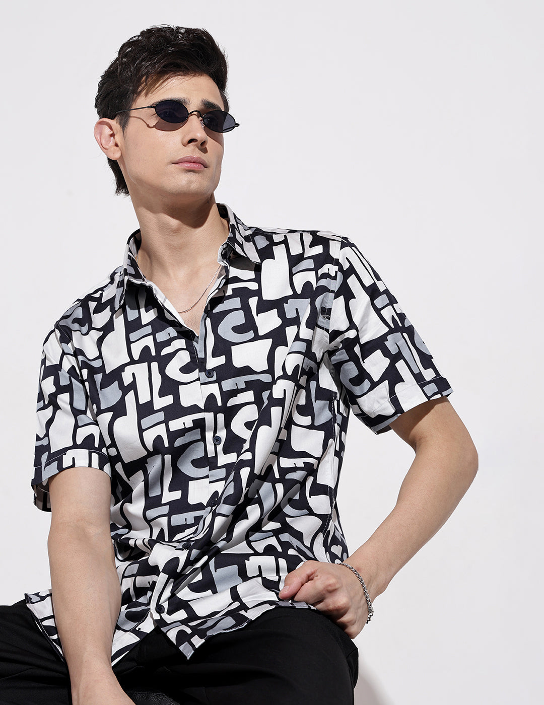 Men's Abstract Print Navy Blue Half Sleeve Regular Fit Shirt