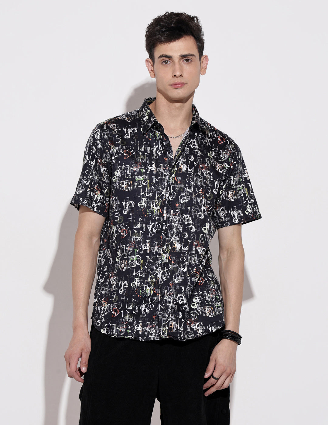Men's Abstract Print Black Half Sleeve Regular Fit Shirt