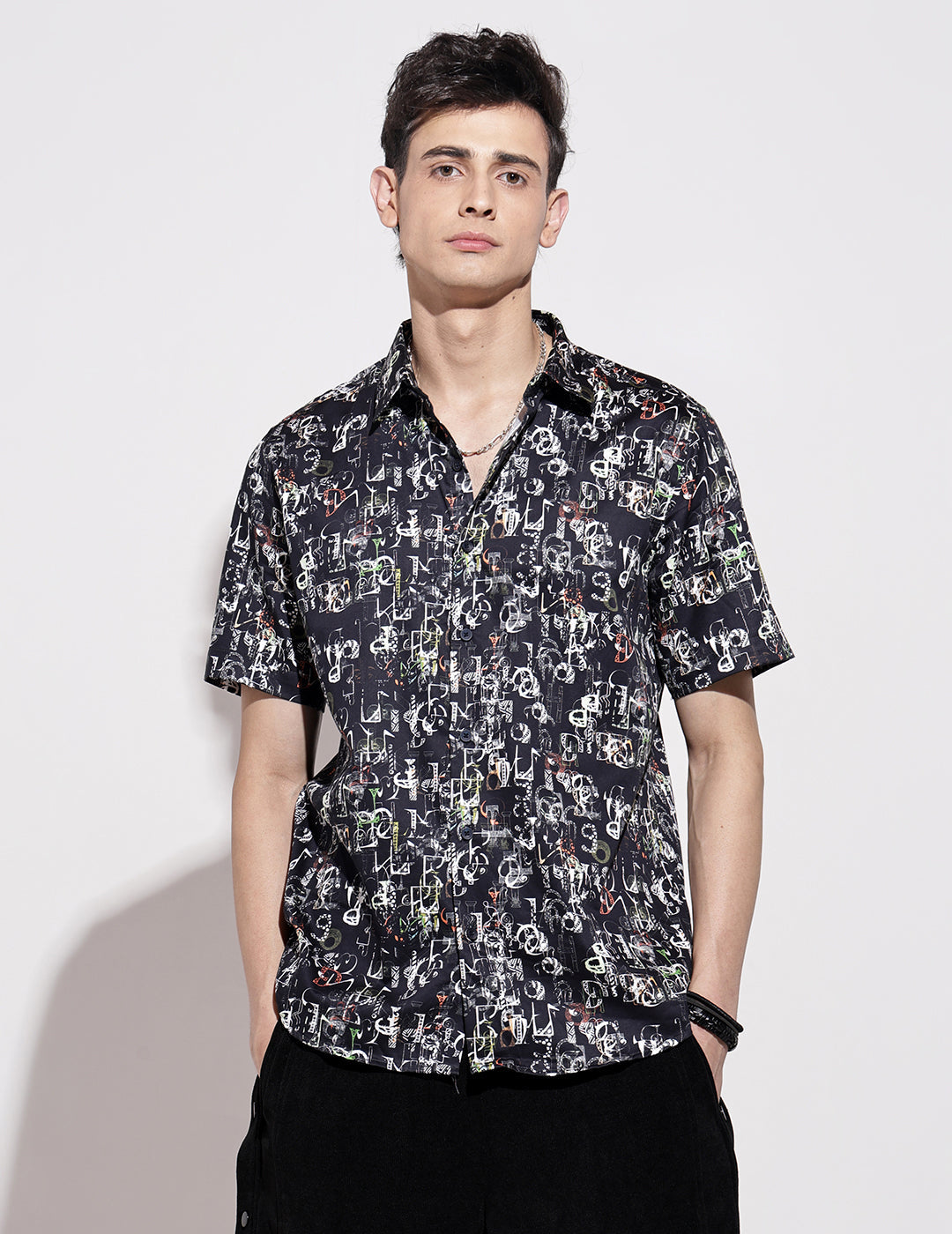 Men's Abstract Print Black Half Sleeve Regular Fit Shirt
