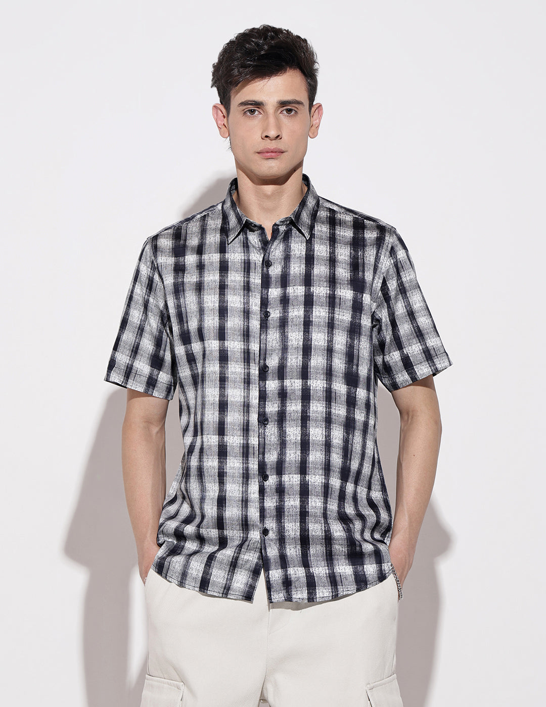 Men's Checked Navy Blue Half Sleeve Regular Fit Shirt