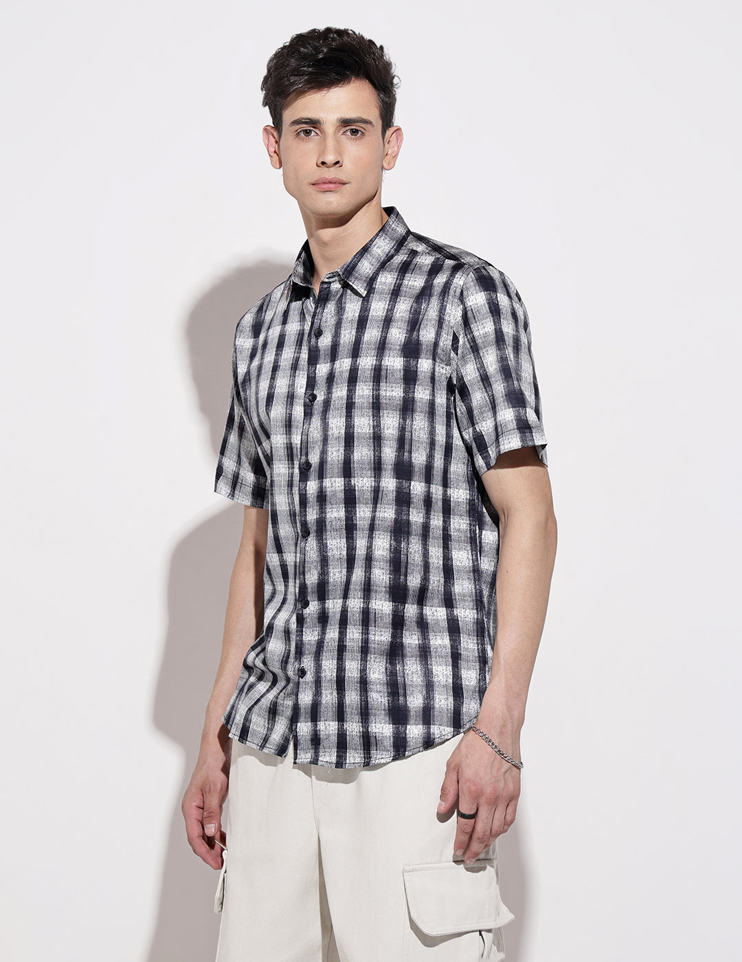 Men's Checked Navy Blue Half Sleeve Regular Fit Shirt