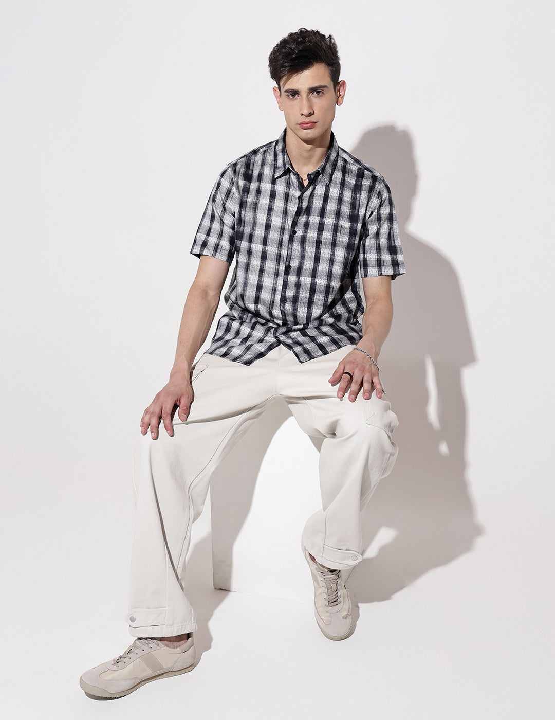 Men's Checked Navy Blue Half Sleeve Regular Fit Shirt