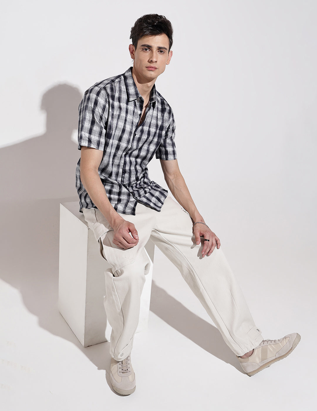 Men's Checked Navy Blue Half Sleeve Regular Fit Shirt