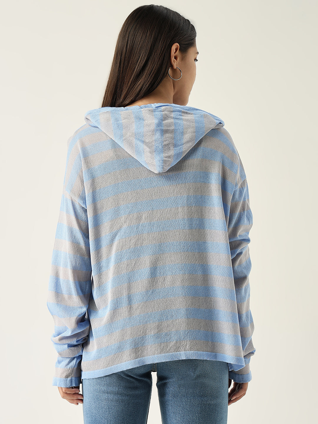 Women Blue Striped Hooded Sweatshirt