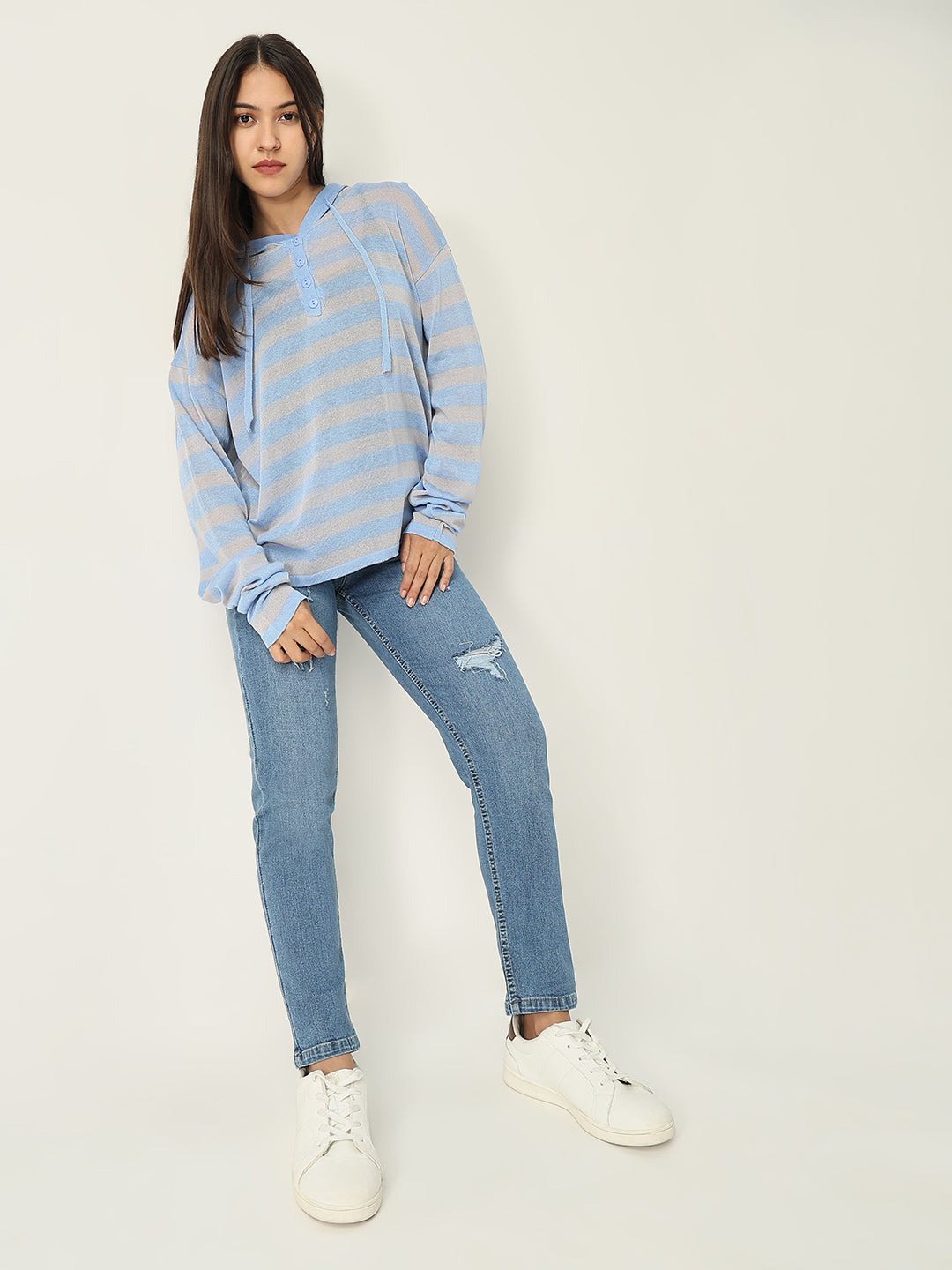 Women Blue Striped Hooded Sweatshirt