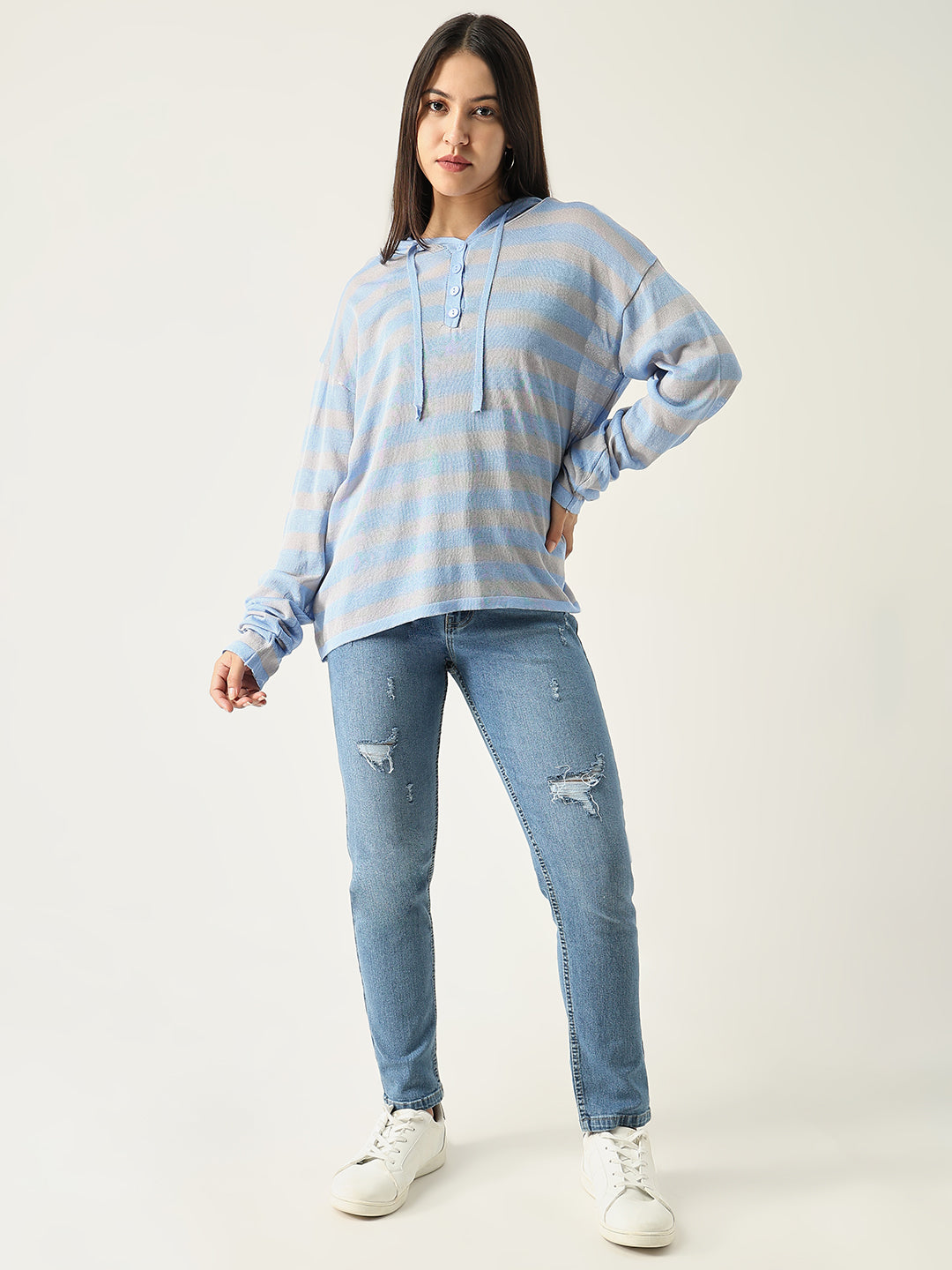 Women Blue Striped Hooded Sweatshirt