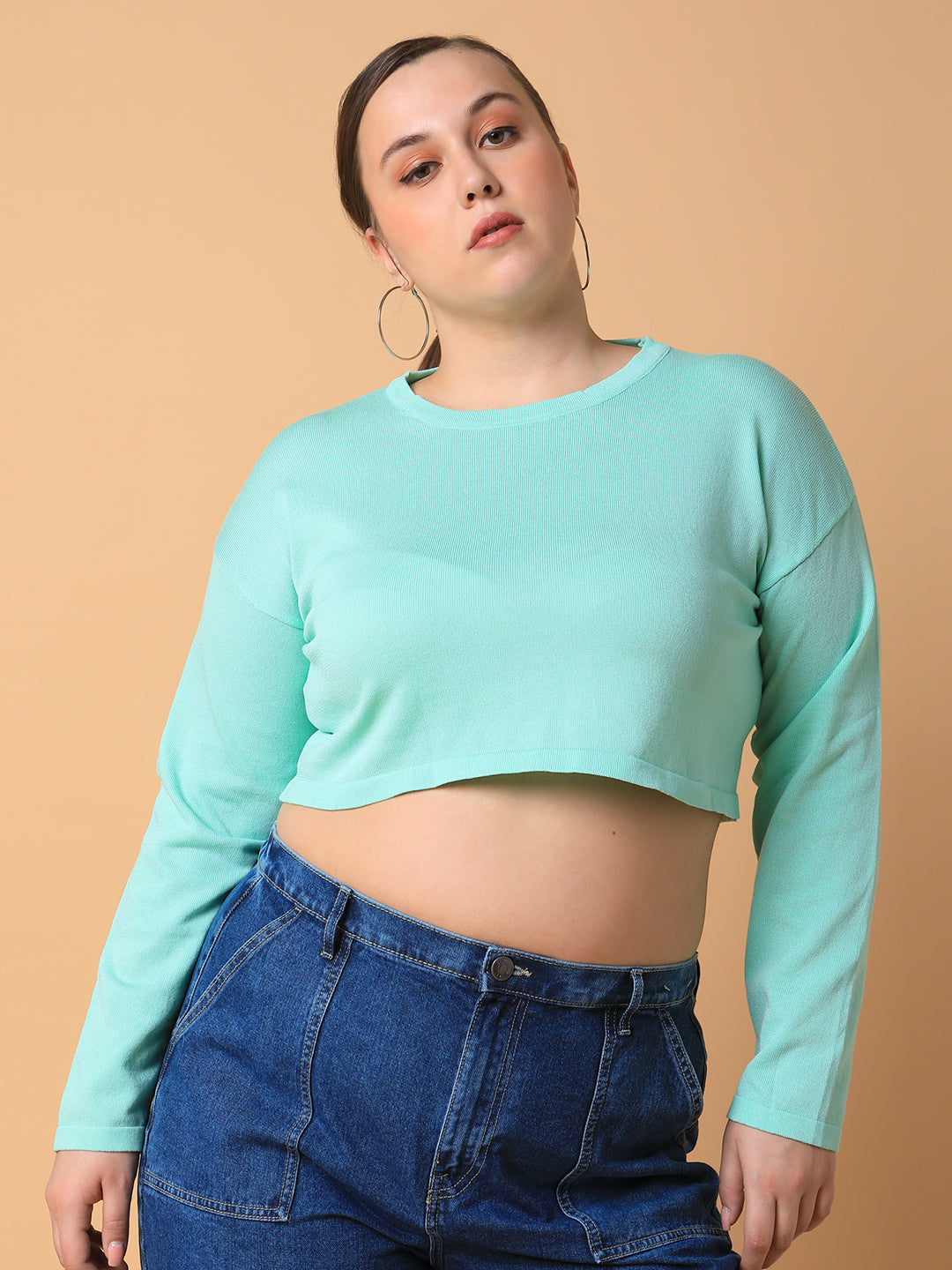 Women Solid Sea Green Crop Top