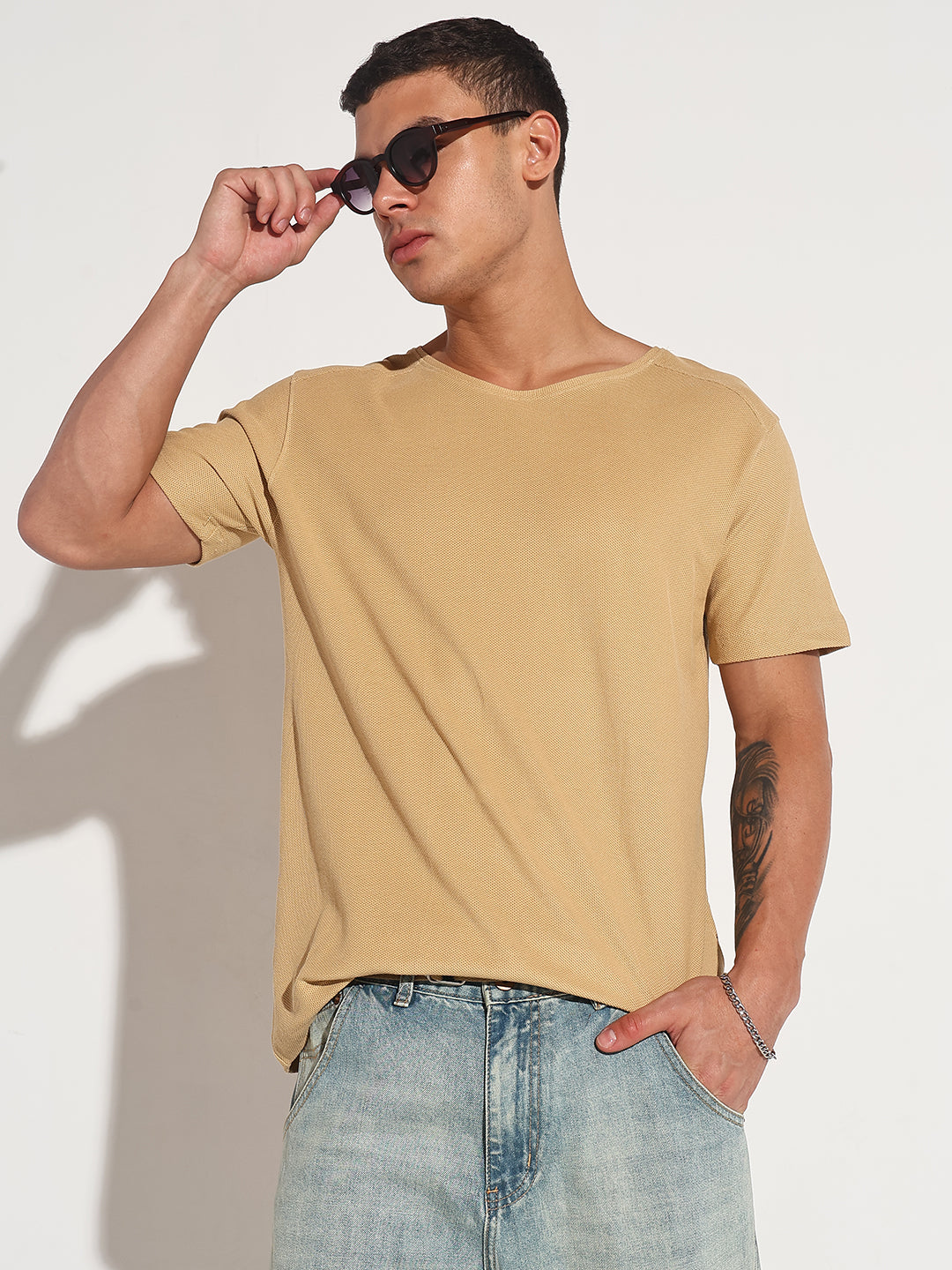 Men's Beige Round Neck Regular Fit T-Shirt