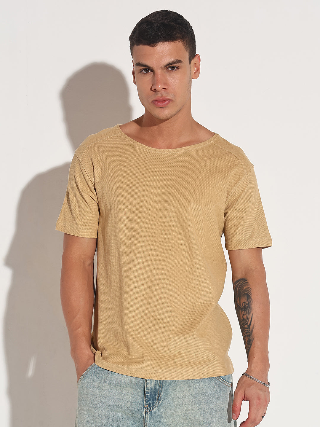 Men's Beige Round Neck Regular Fit T-Shirt