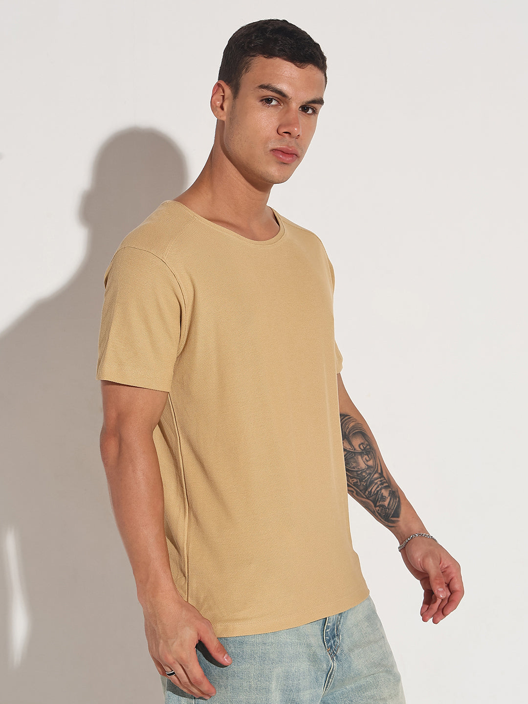 Men's Beige Round Neck Regular Fit T-Shirt