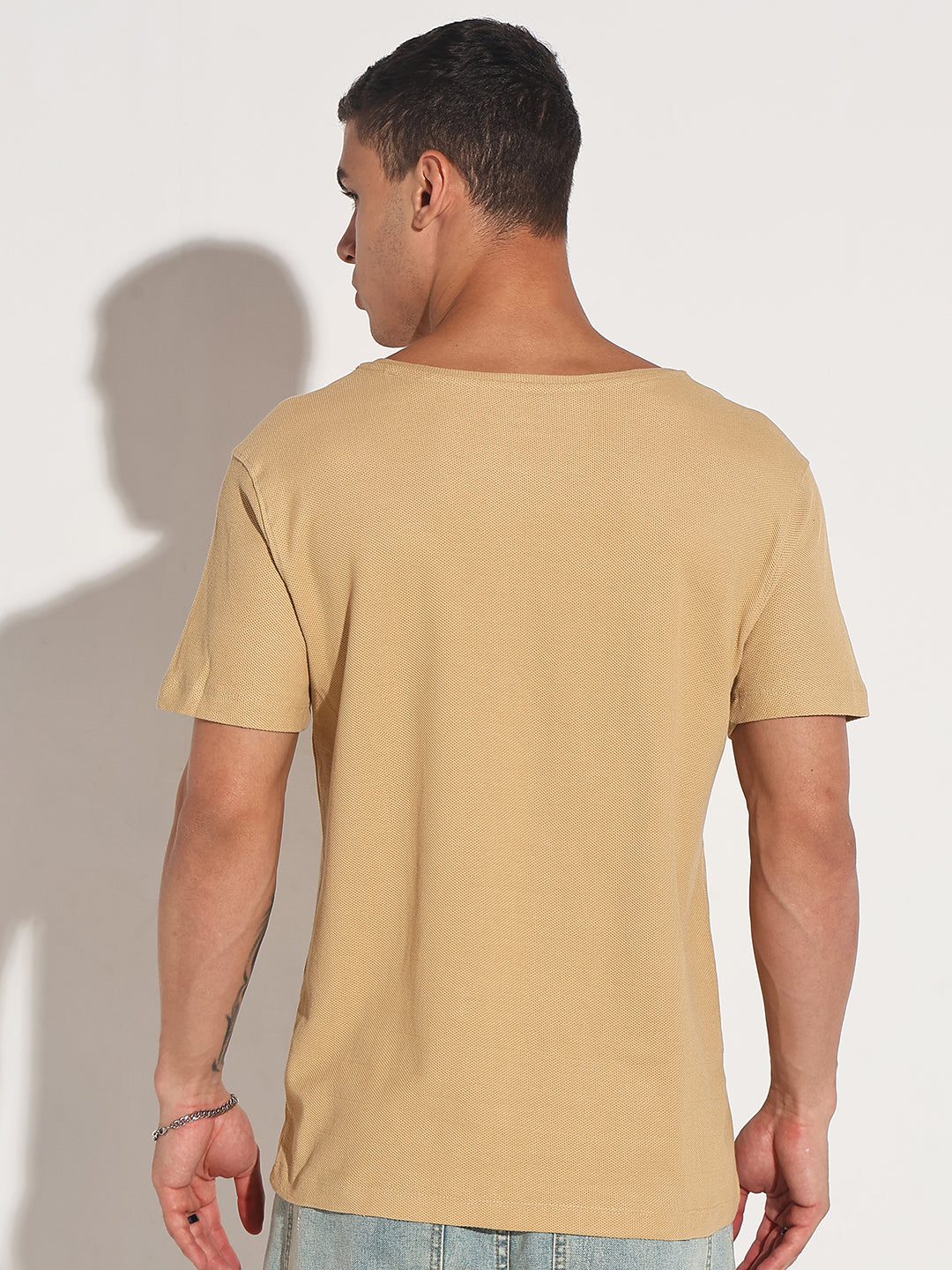 Men's Beige Round Neck Regular Fit T-Shirt