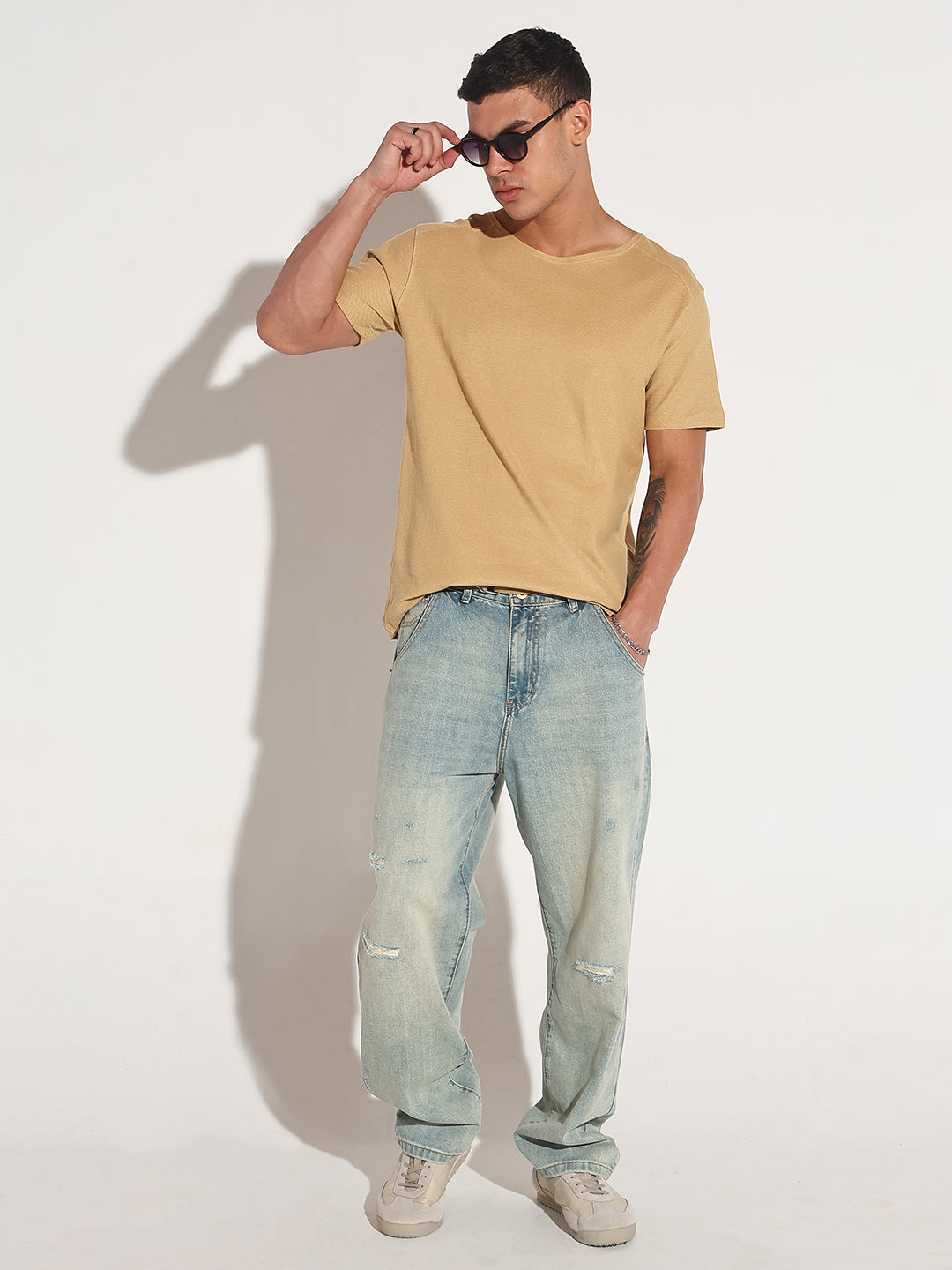 Men's Beige Round Neck Regular Fit T-Shirt