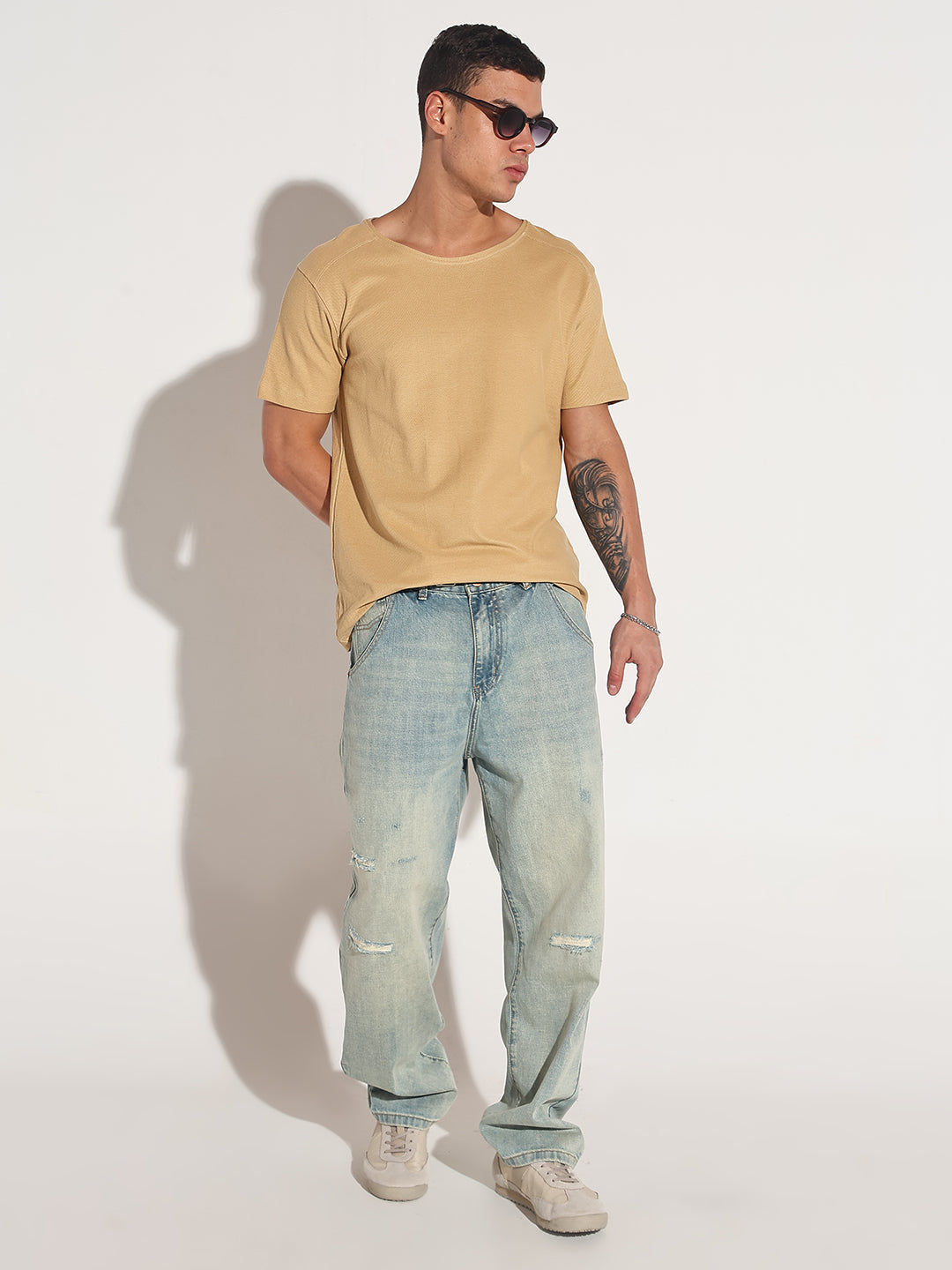 Men's Beige Round Neck Regular Fit T-Shirt