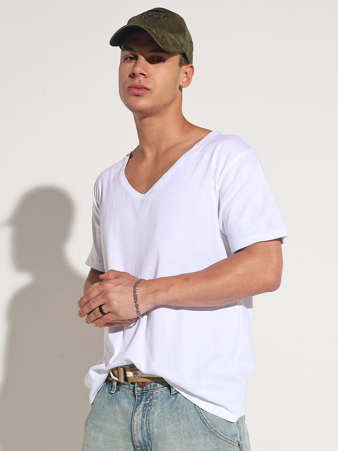 Men's White V-Neck Regular Fit T-Shirt