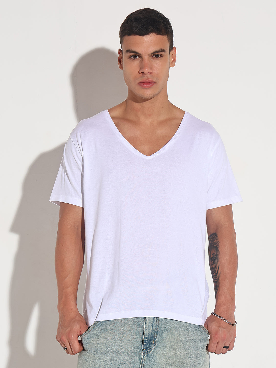 Men's White V-Neck Regular Fit T-Shirt