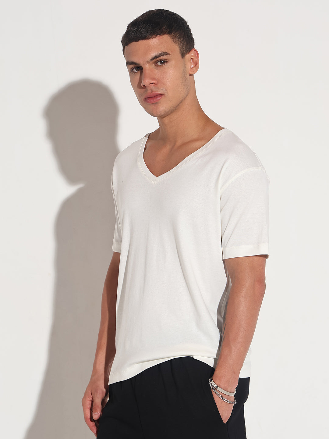 Men's White V-Neck Regular Fit T-Shirt