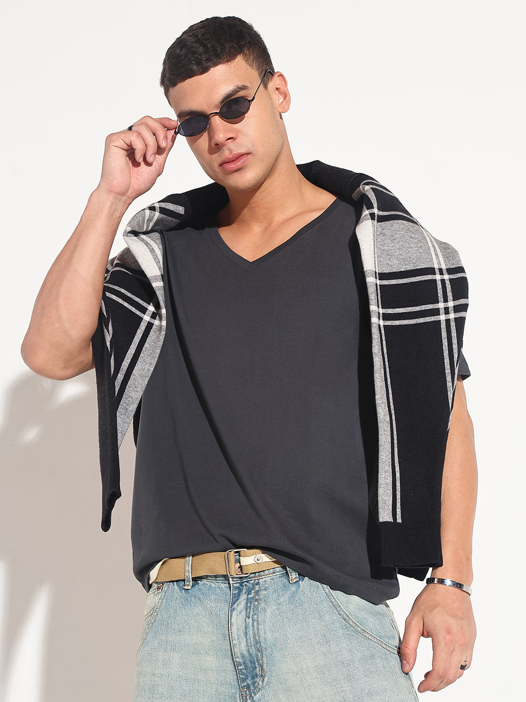 Men's Grey V-Neck Regular Fit T-Shirt